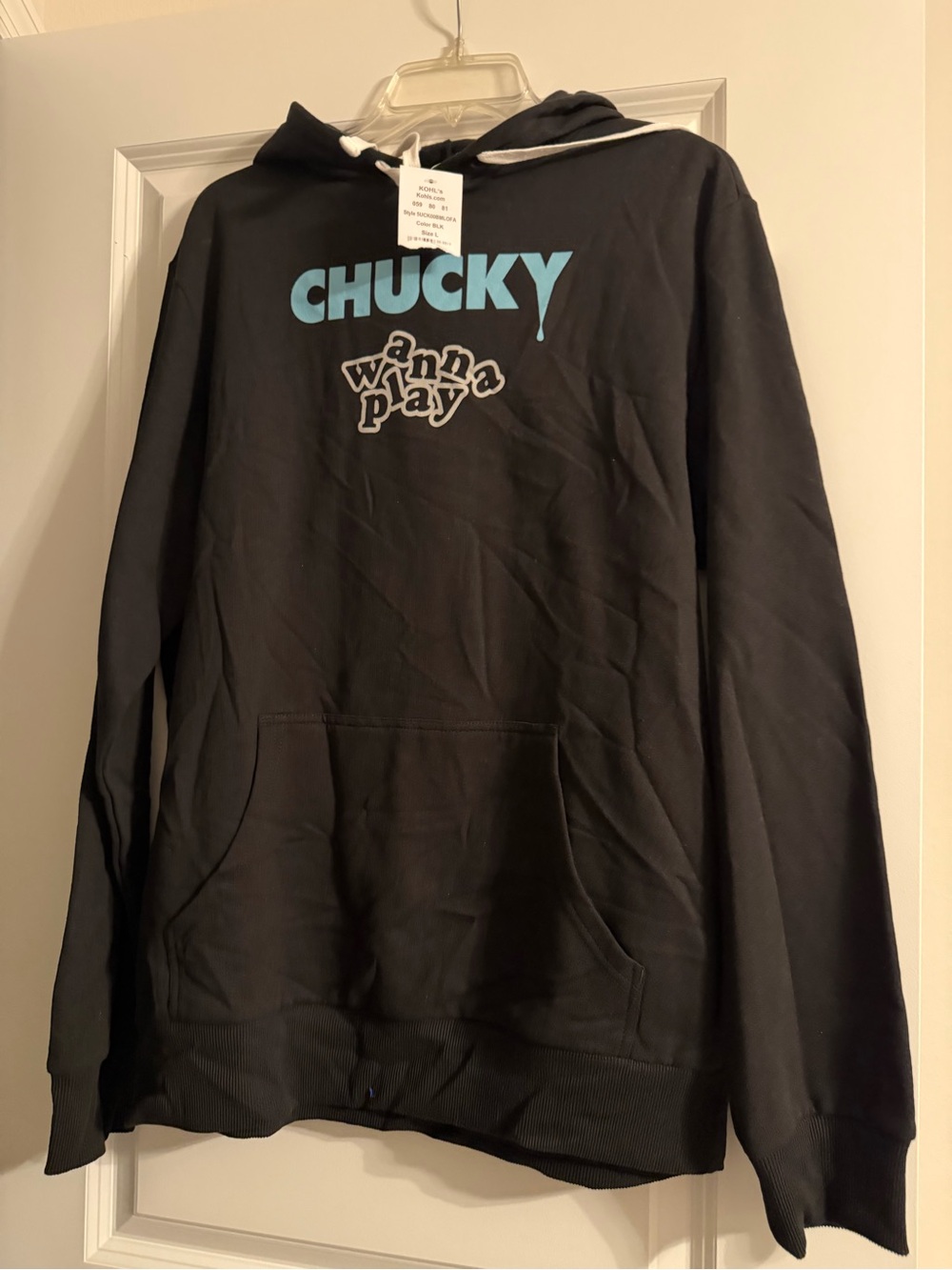 Kohl's Black Hoodie with Light Blue Graphic and White Drawstrings
